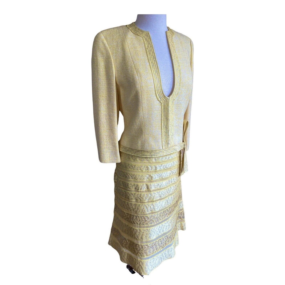 Vintage Carlisle Women's Yellow & Silver Skirt Suit Set Silk Co-ord 80s 90s Sz 6
